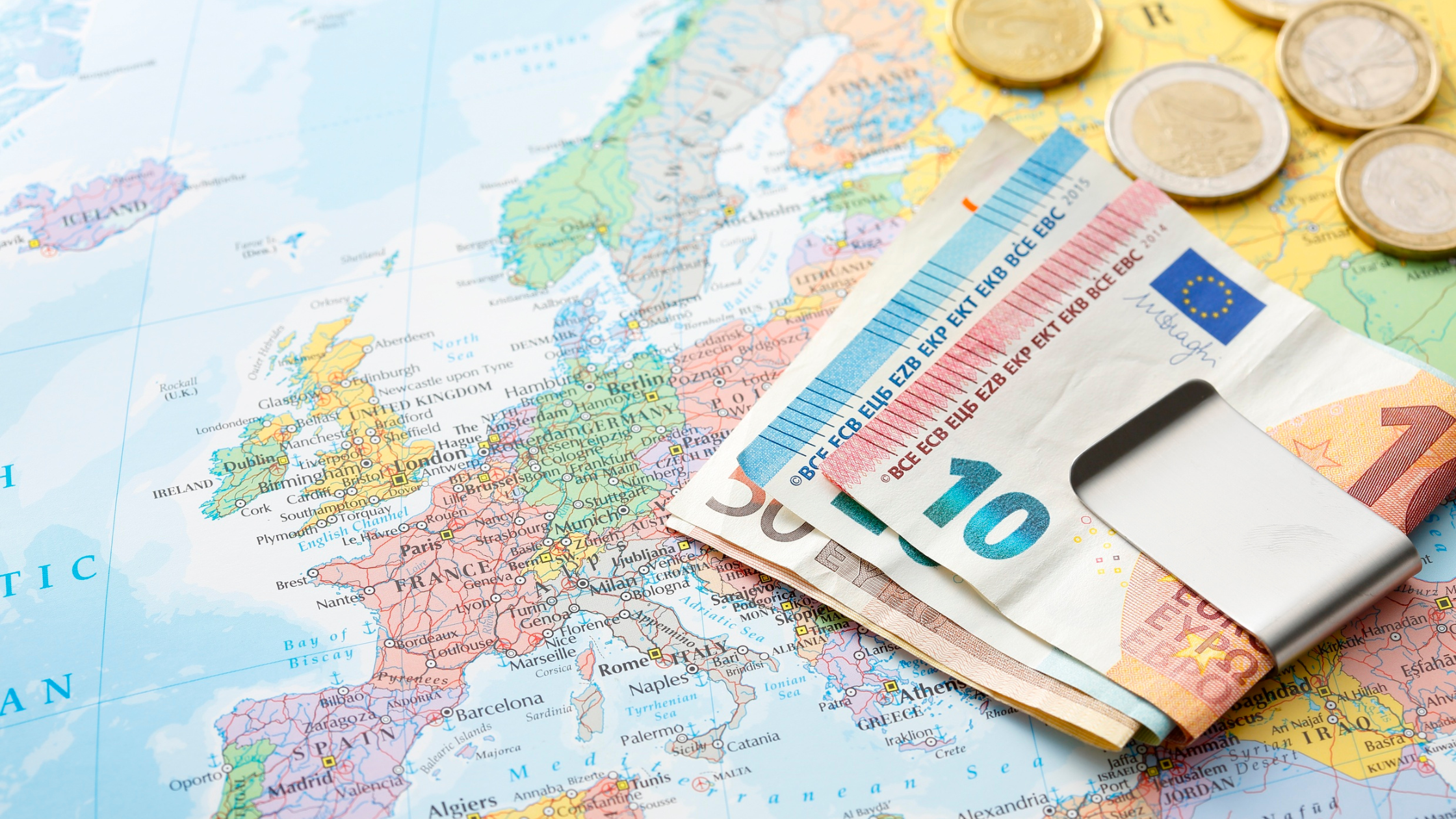 Euro Banknotes on a Map of Europe
